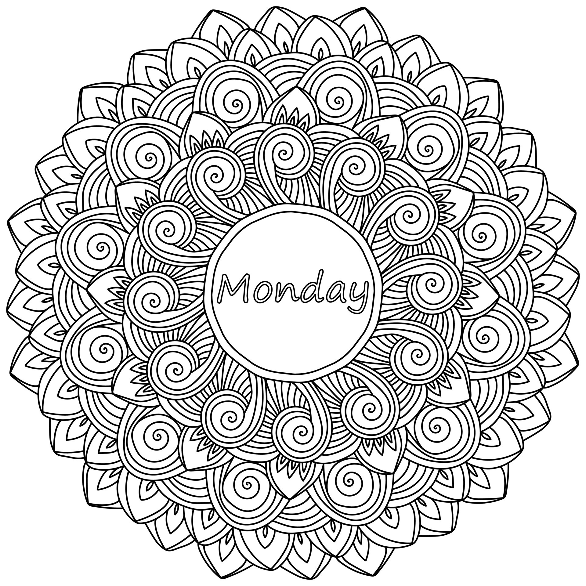 Mandala with the inscription monday in the center meditative coloring