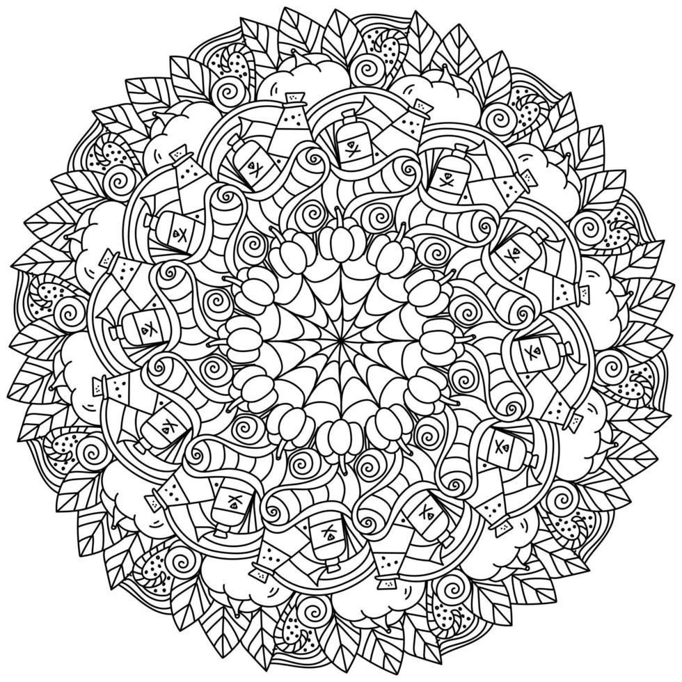 Mandala for Halloween with traditional symbols of pumpkins and objects, meditative page coloring for holiday activities vector