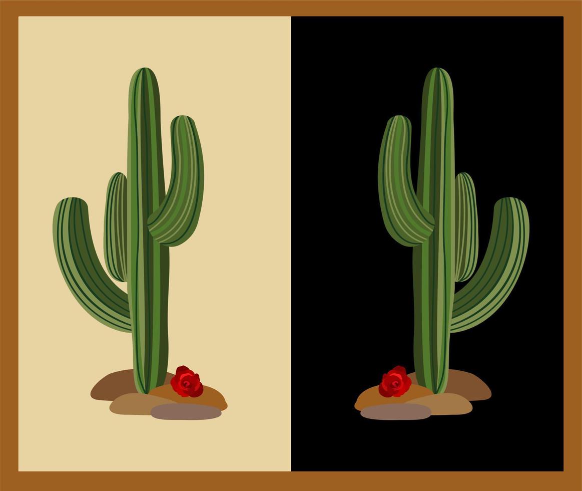 Vector isolated illustration of cactus with red rose lying near. On beige and on black background. Wild America. Retro cowgirl concept.
