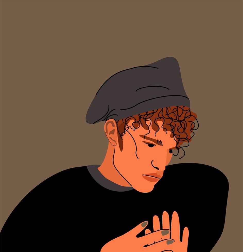 Vector portrait of young man in a beret. Attractive fashionable model. Autumn outfit.
