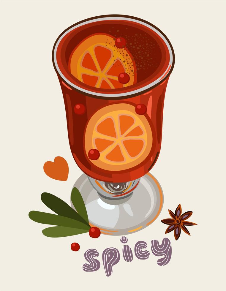 Mulled wine in glass transparent cup. With slices of orange, cinnamon and cranberries. Hot drink for cold season. vector