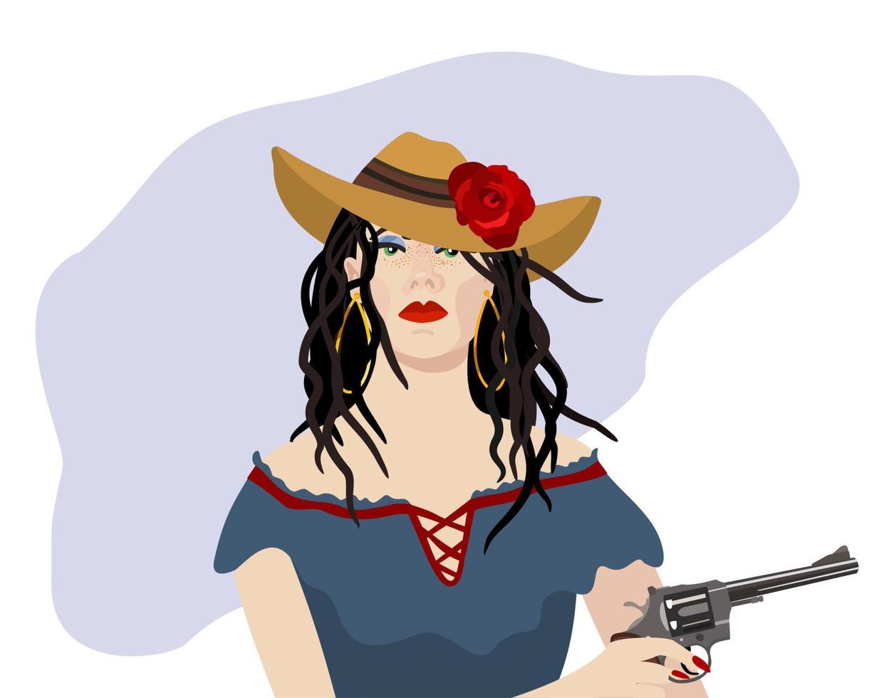 Vector vintage portrait of young attractive  girl in cowboy hat with a gun. Wild beauty. Retro cowgirl.