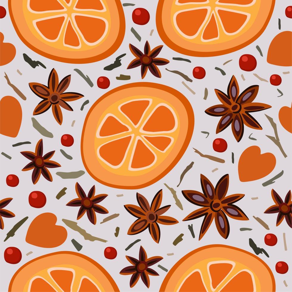 Vector seamless spicy pattern with slices of orange, seeds of cinnamon, cranberries and dry leaves of tea on light lilac background.