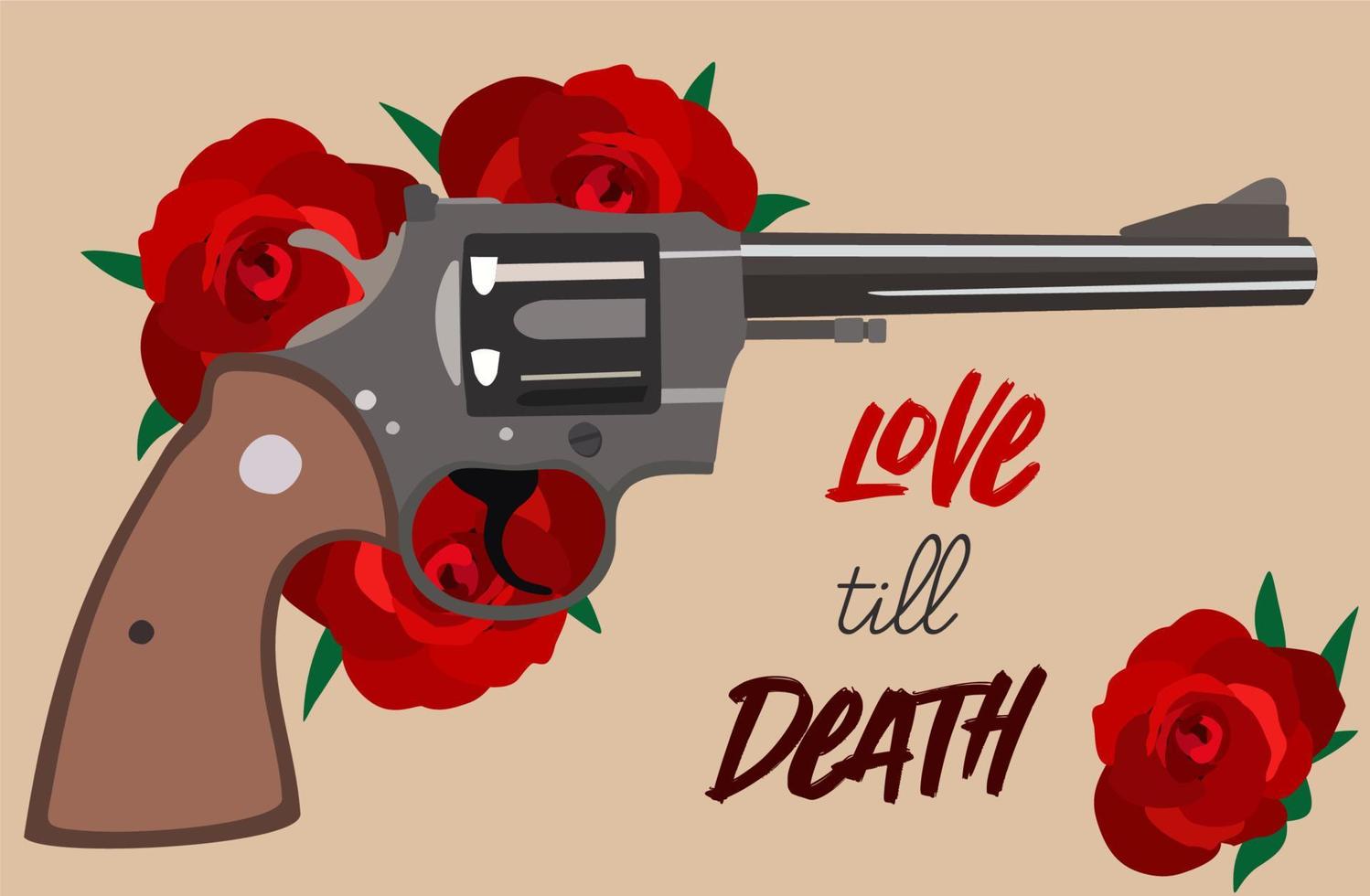 amor hasta la muerte. revólver de vaquero con rosas rojas. concepto de vaquero retro. vector