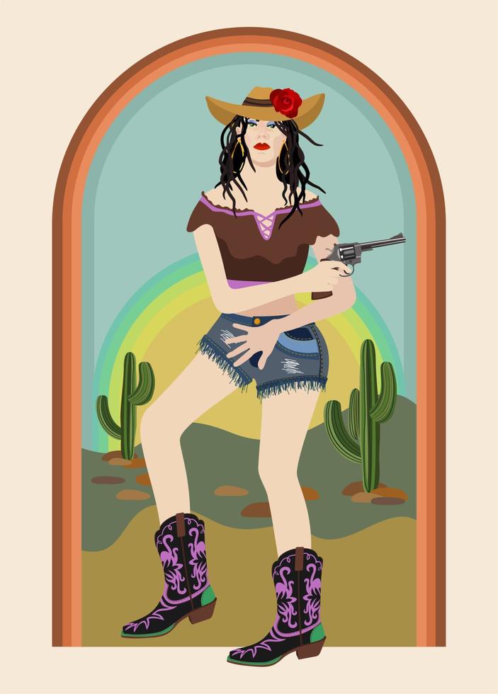 retrato vintage vectorial de una joven atractiva con sombrero de vaquero con una pistola. belleza salvaje. vaquera retra. vector