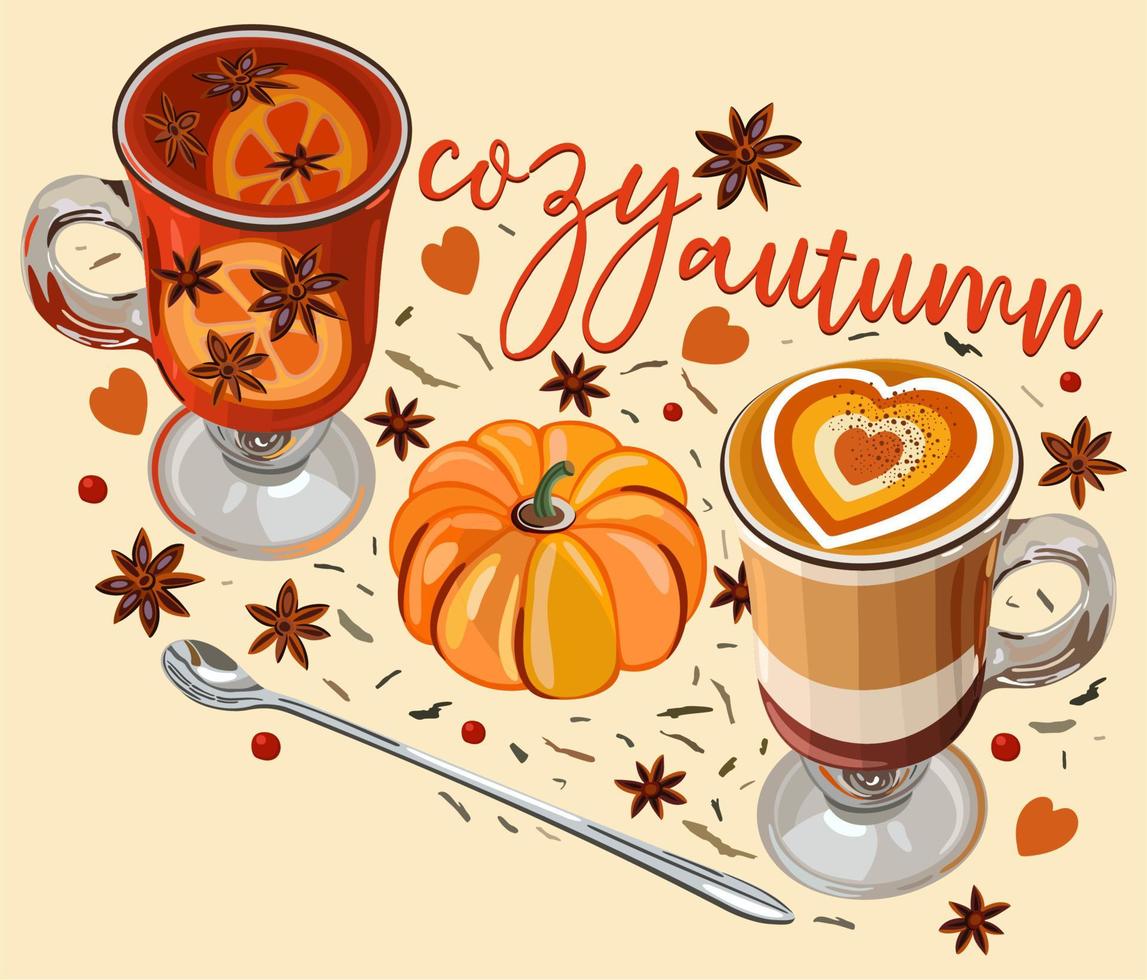 Cozy autumn. Hot sweet and tasty drinks and pumpkin. Autumnal concept. vector