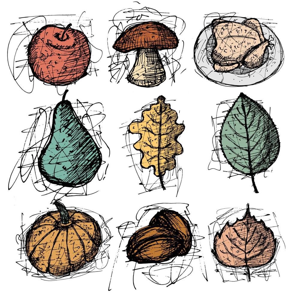 Hand drawn colorful autumn doodles vector
