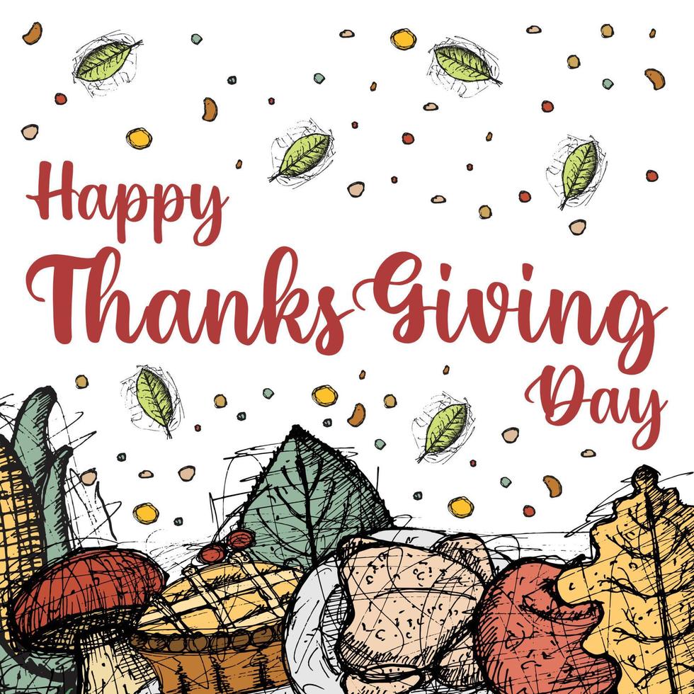 Thanksgiving greeting cards and invitations, used for social media, poster, flyer. Hand drawn vector illustration with autumn color.