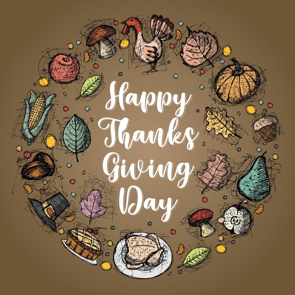 Thanksgiving greeting cards and invitations, used for social media, poster, flyer. Hand drawn vector illustration with autumn color.
