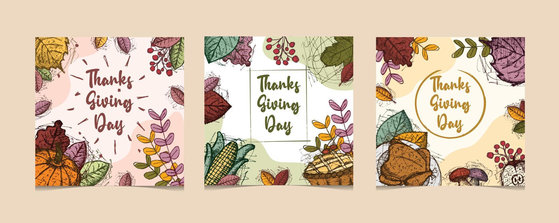 Thanksgiving greeting cards and invitations, used for social media, poster, flyer. Hand drawn vector illustration with autumn color.