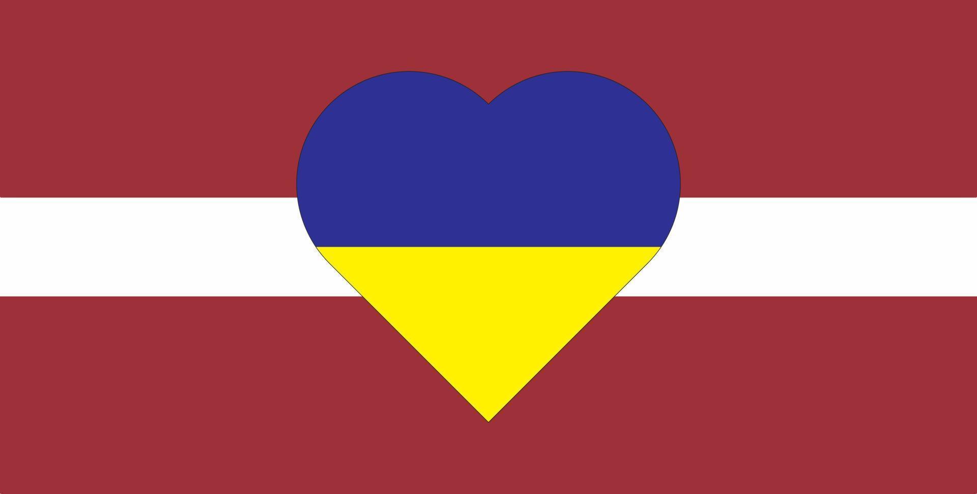 A heart painted in the colors of the flag of Ukraine on the flag of Latvia. Illustration of a blue and yellow heart on the national symbol. vector