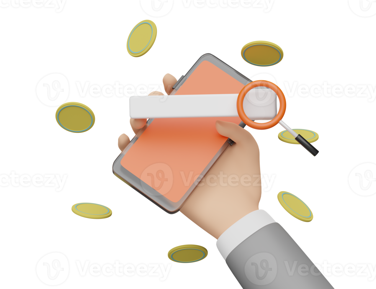 geschäftsmannhände halten orangefarbenes handy, smartphone mit leerer suchleiste, vergrößerung, dollarmünzen isoliert. internet-banking, suchdatenkonzept, 3d-illustration oder 3d-rendering png
