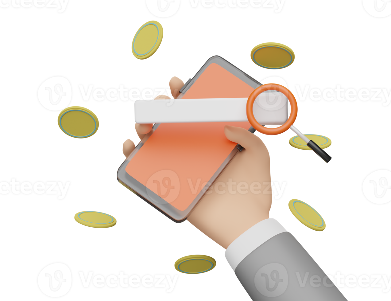 zakenman handen Holding oranje mobiel telefoon, smartphone met blanco zoeken bar, vergroten, dollar munten geïsoleerd. internet bankieren, zoeken gegevens concept, 3d illustratie of 3d geven png