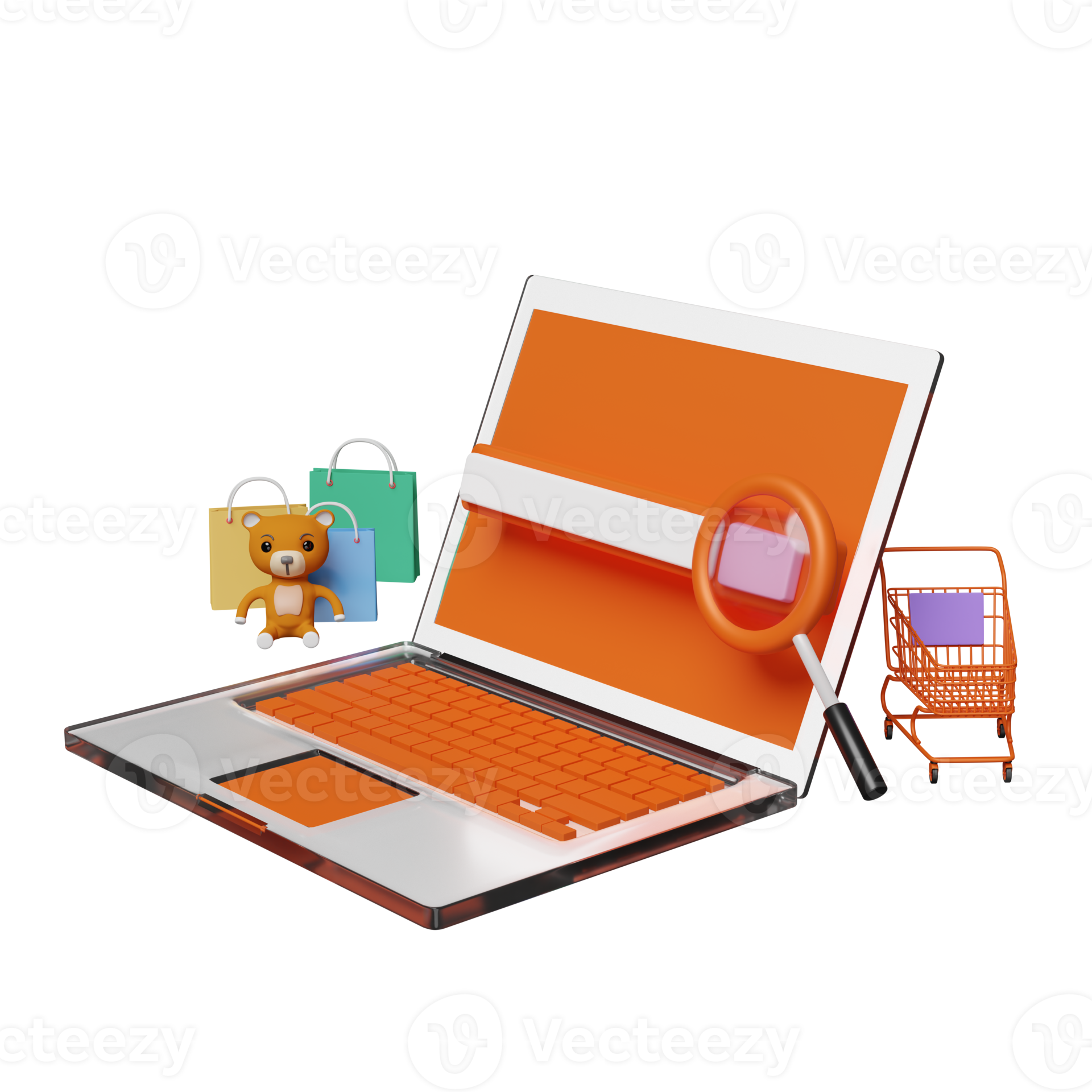 orange computer monitor with store front, cart, paper bags, magnifying