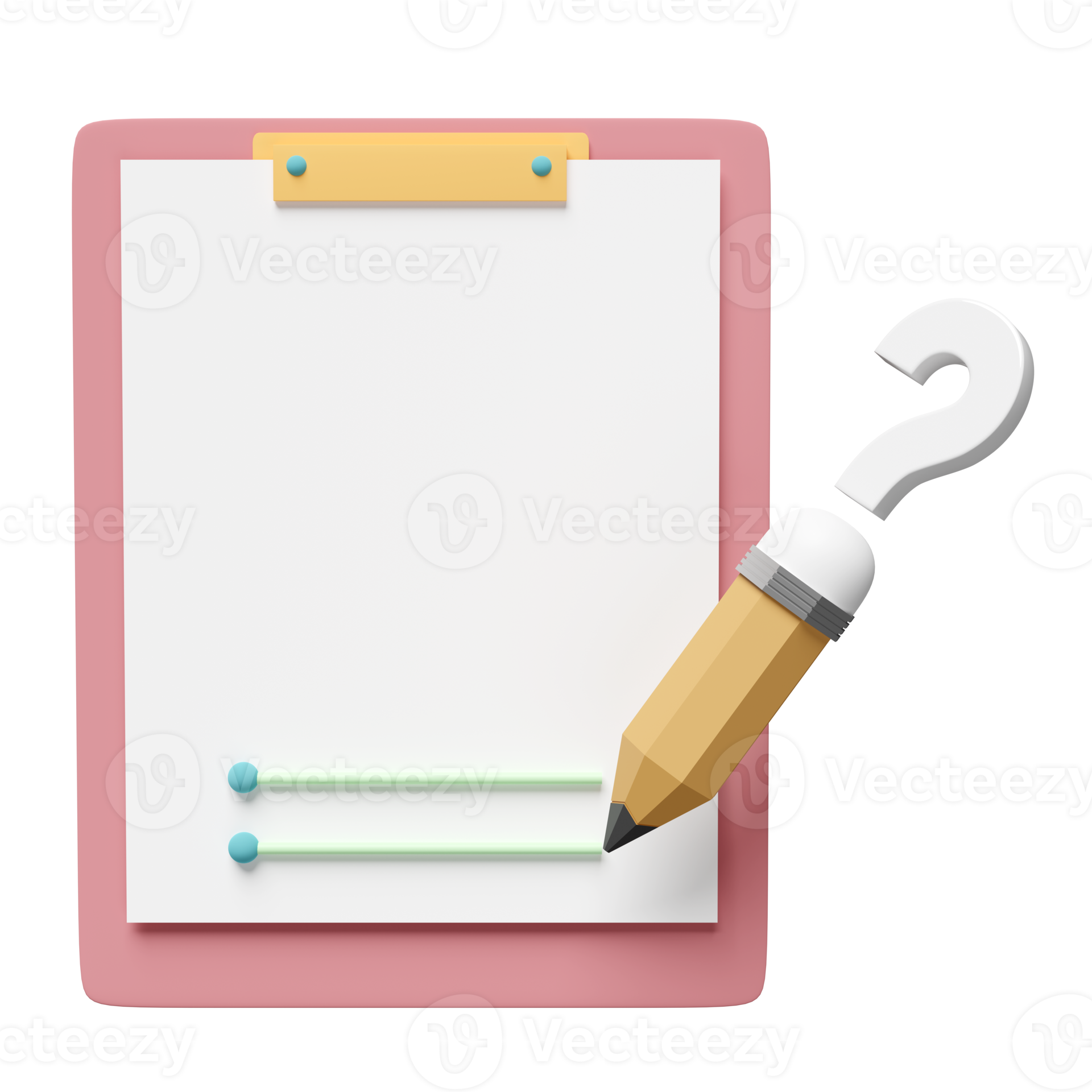3d question mark pencil symbol icon with clipboard, checklist paper
