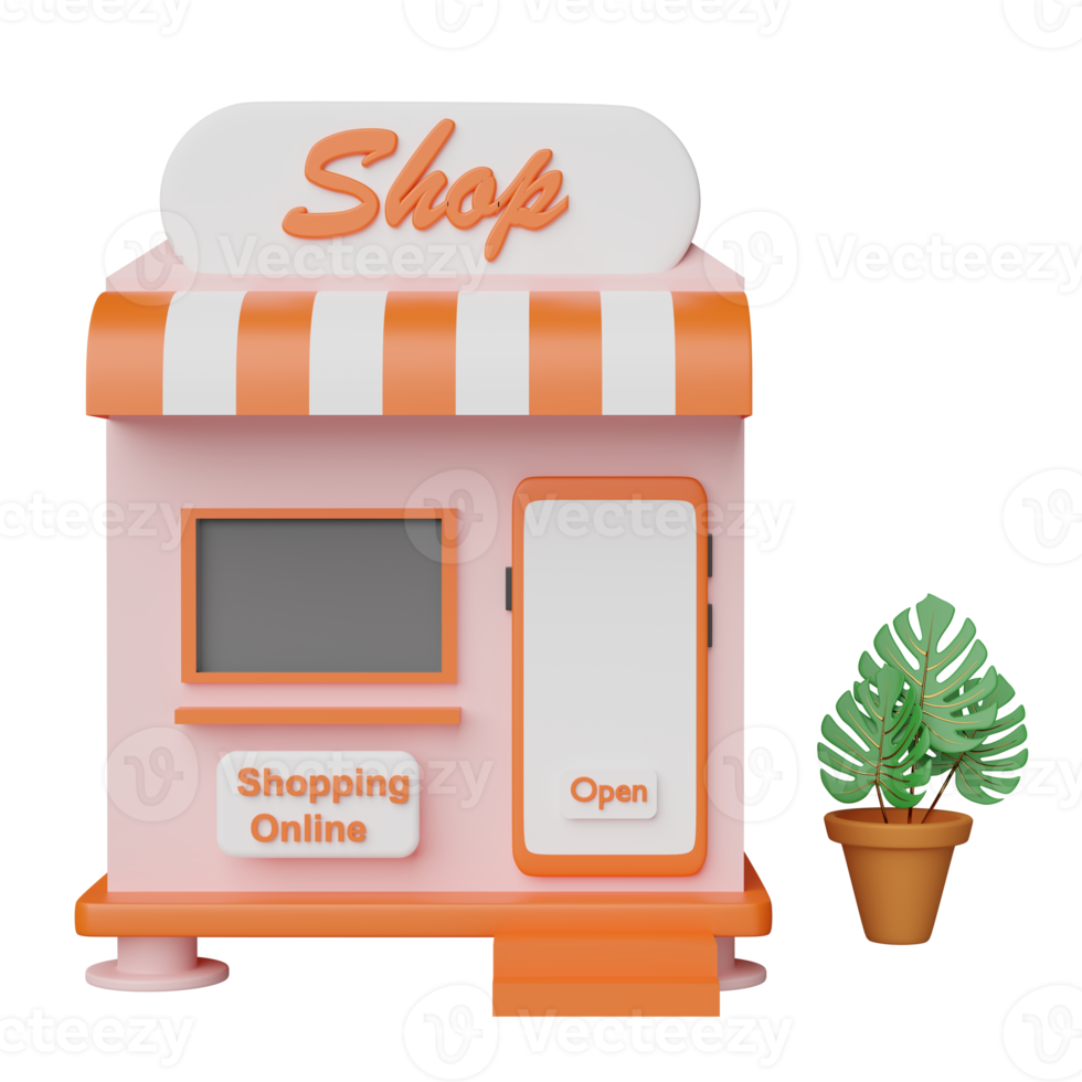 shop or store front with orange mobile phone or smartphone, tree isolated. Startup franchise business, online shopping concept, 3d illustration or 3d render png