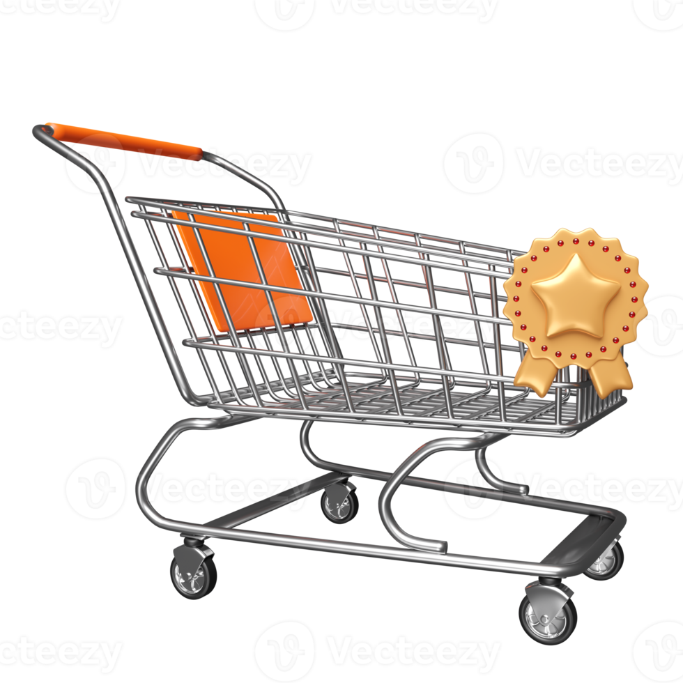 3d shopping carts or basket with golden quality guarantee ribbon isolated. premium quality ribbon, minimal concept, 3d render illustration png