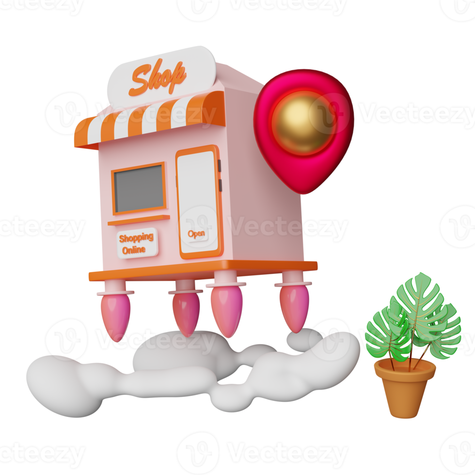 affär eller Lagra främre med orange mobil telefon eller smartphone, träd, röd stift isolerat. börja franchise företag, uppkopplad handla begrepp ,3d illustration eller 3d framställa png