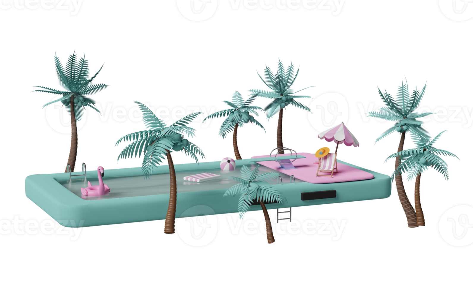 teléfono móvil o smartphone con piscina, palmeras, tumbona, flamenco inflable, sombrilla, sandalias, trampolín aislado. concepto de vacaciones de viajes de verano, ilustración 3d o presentación 3d png