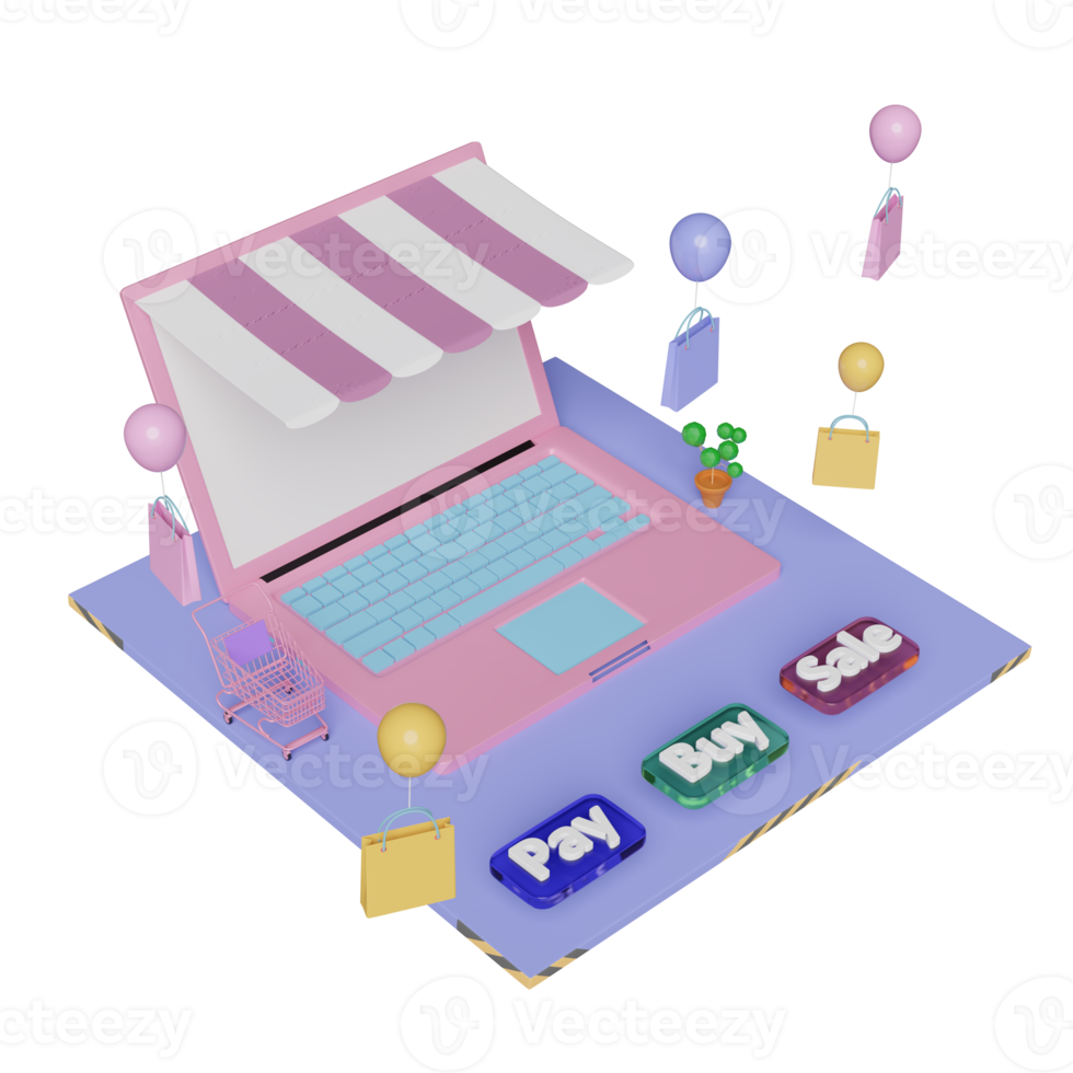 ordinateur portable avec devanture de magasin, panier d'achat, sacs en papier, achat, vente, étiquette de paiement isolée. concept d'achat en ligne, illustration 3d ou rendu 3d png