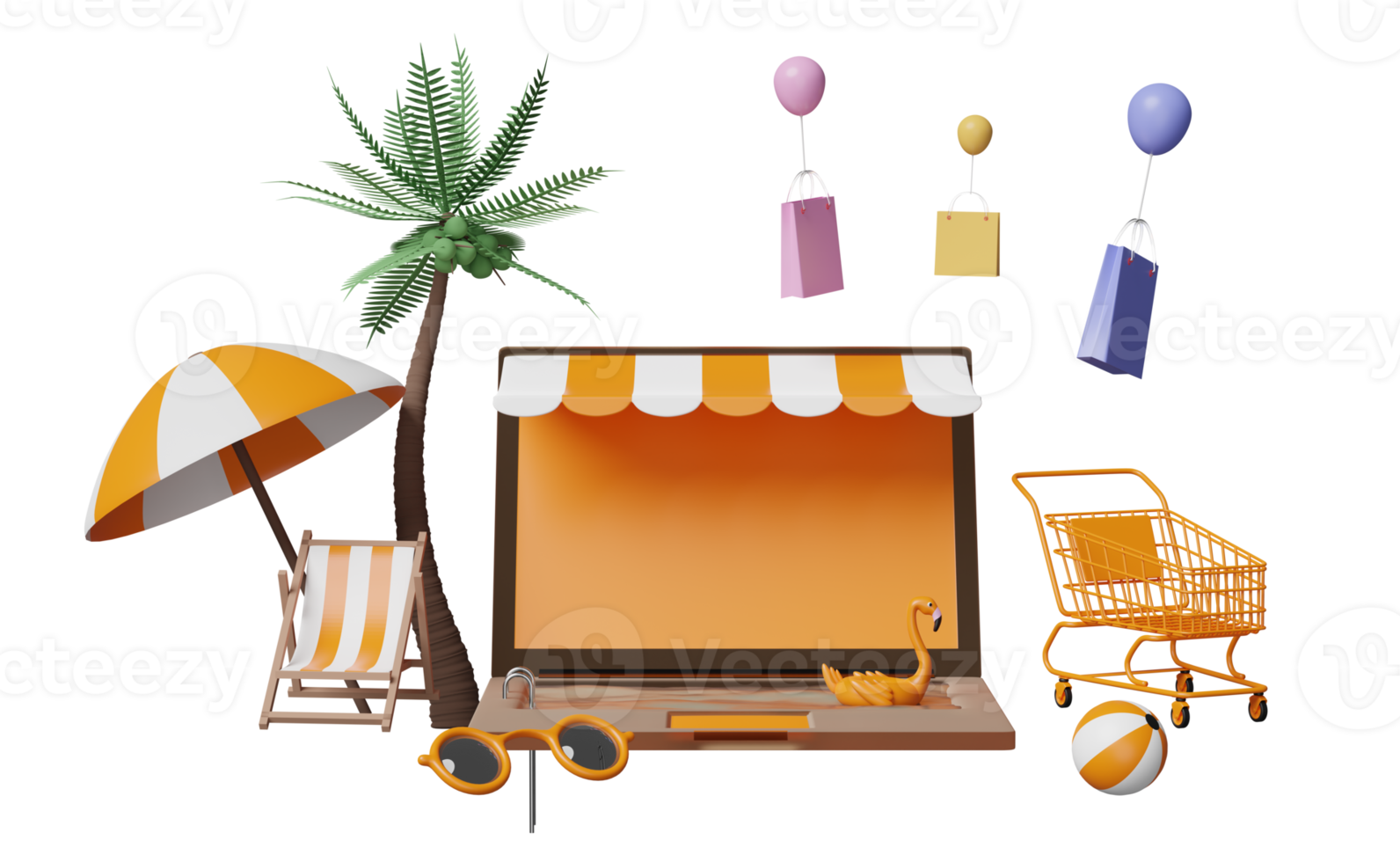 oranje laptop computer toezicht houden op met op te slaan voorkant, strand stoel, paraplu, opblaasbaar flamingo, palm blad, boodschappen doen kar, papier Tassen, online boodschappen doen zomer uitverkoop concept, 3d illustratie of 3d geven png