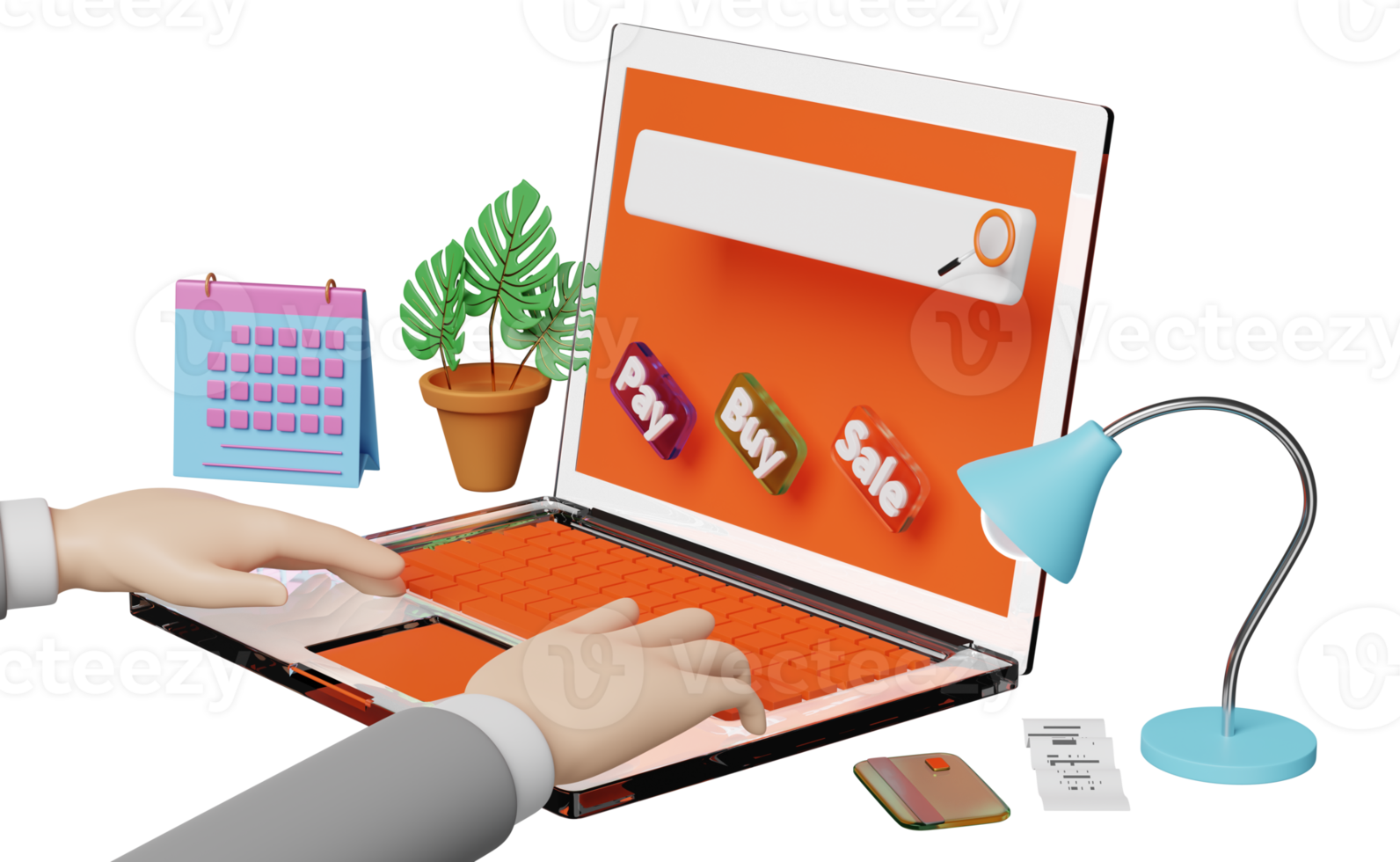 businessman using orange laptop computer on table with buy, sale, pay label tag, alarm clock, invoice, paper check receipt isolated. online shopping search concept, 3d illustration, 3d render png