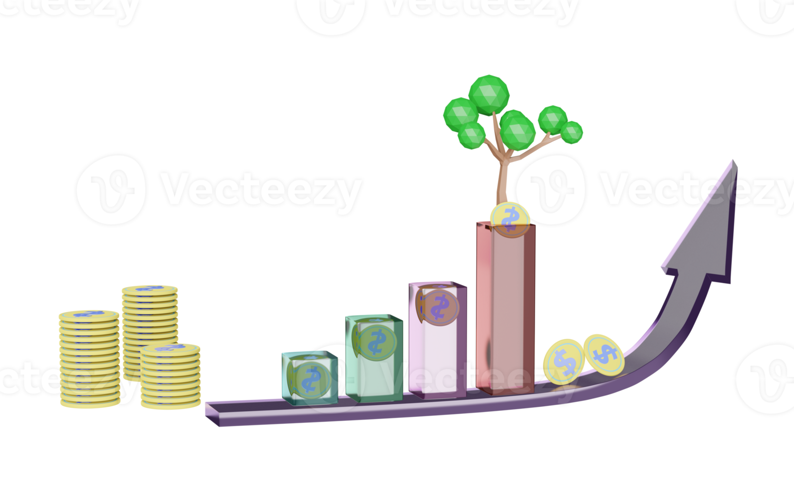 Monedas de pila 3d con árbol, flecha, gráfico de barras aislado. éxito financiero y crecimiento o concepto de ahorro de dinero, ilustración de renderizado 3d png