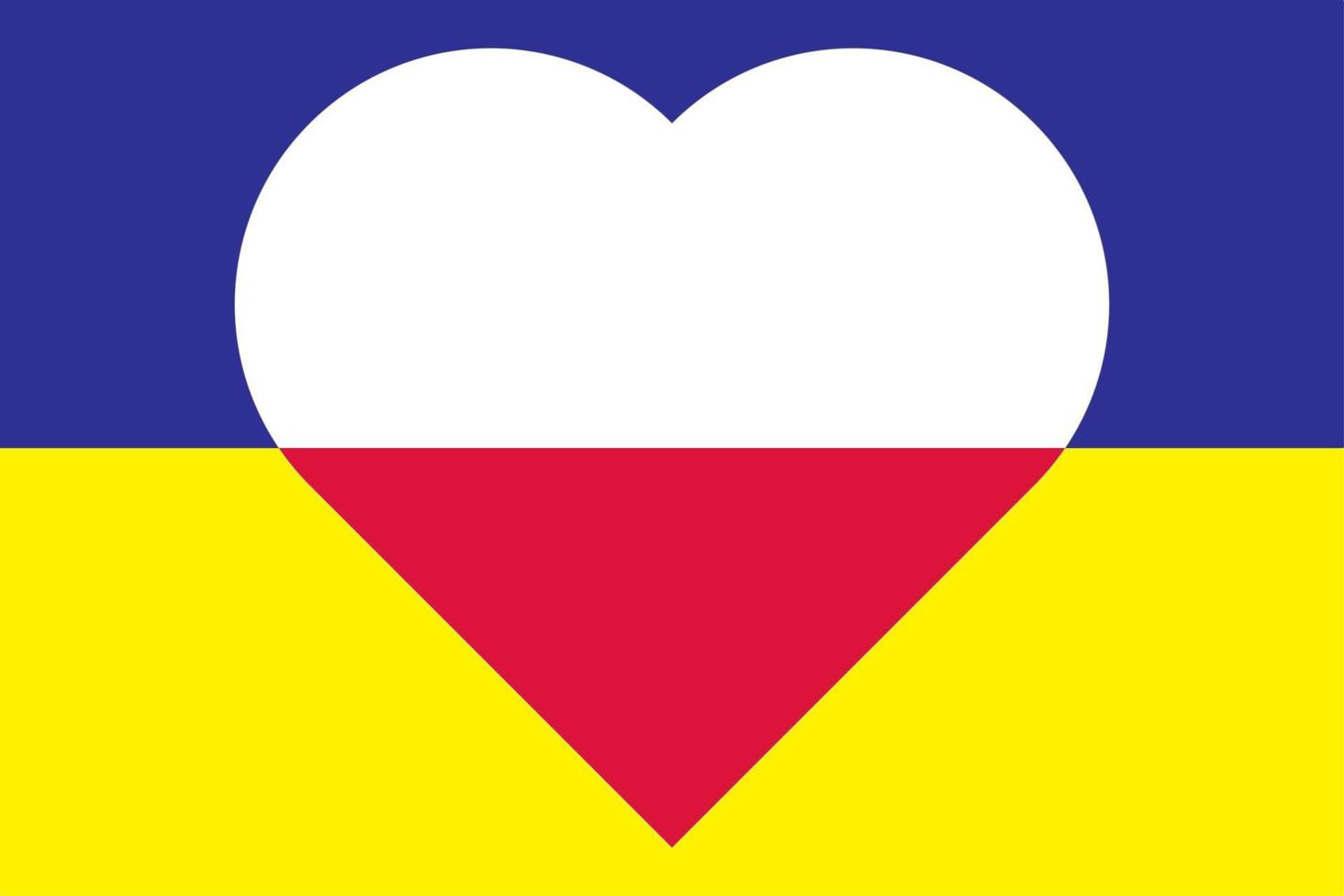 Heart painted in the colors of the flag of Poland on the flag of Ukraine. Vector illustration of a heart with the national symbol of Poland on a blue-yellow background.