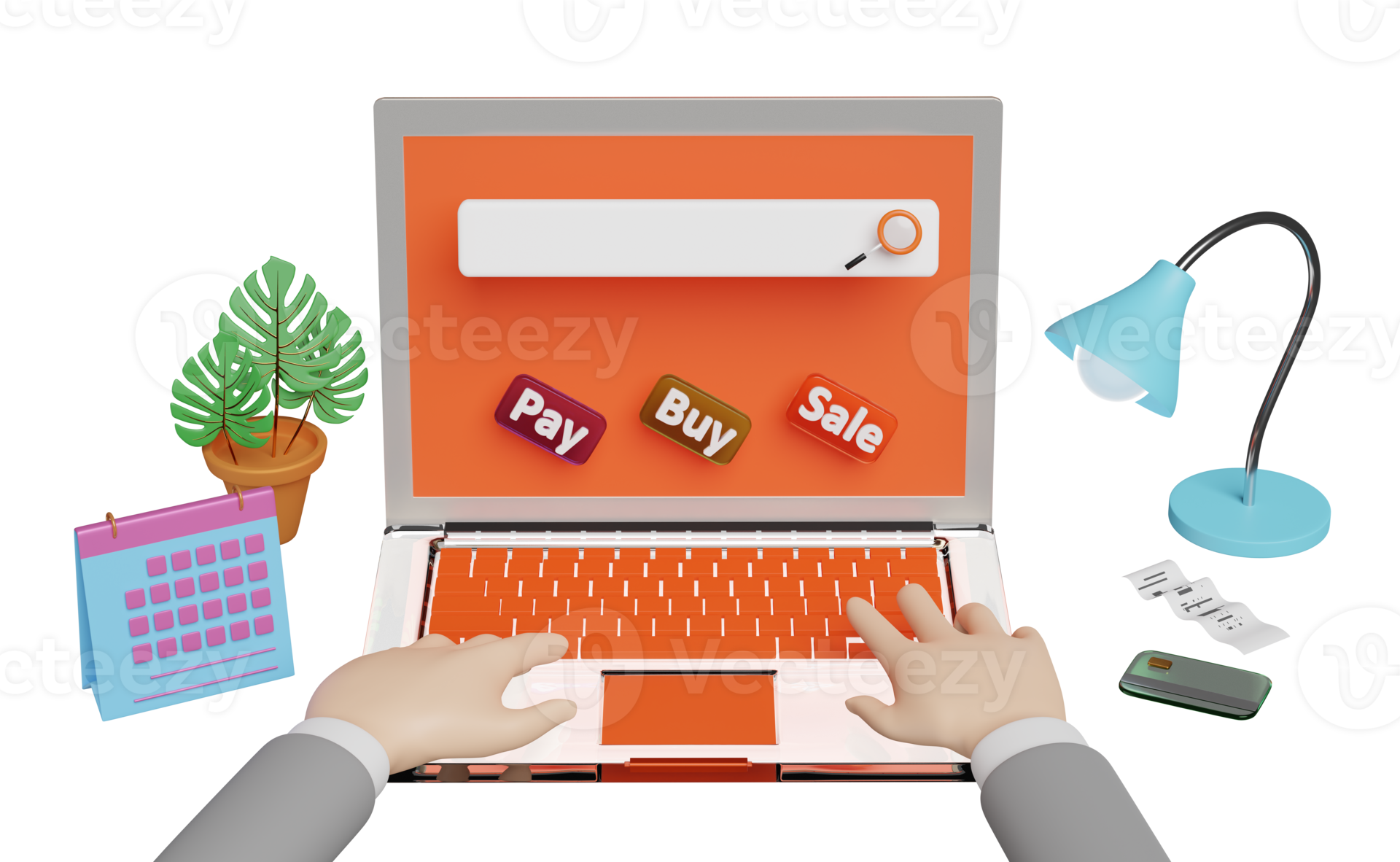 businessman using orange laptop computer on table with buy, sale, pay