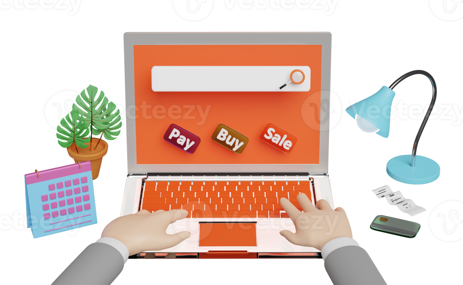 businessman using orange laptop computer on table with buy, sale, pay label tag, alarm clock, invoice, paper check receipt isolated. online shopping search concept, 3d illustration, 3d render png