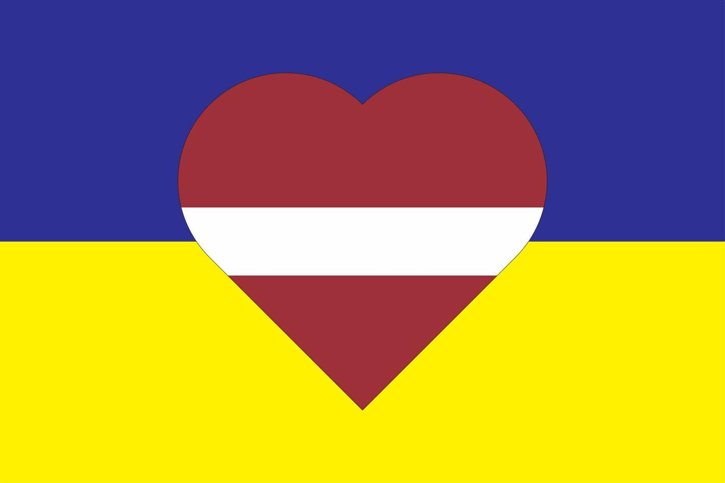 Heart painted in the colors of the flag of Latvia on the flag of Ukraine. Vector illustration of a heart with the national symbol of Latvia on a blue-yellow background.
