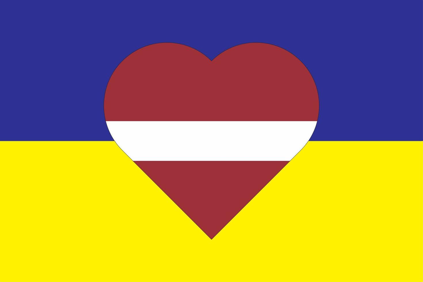 Heart painted in the colors of the flag of Latvia on the flag of Ukraine. Vector illustration of a heart with the national symbol of Latvia on a blue-yellow background.