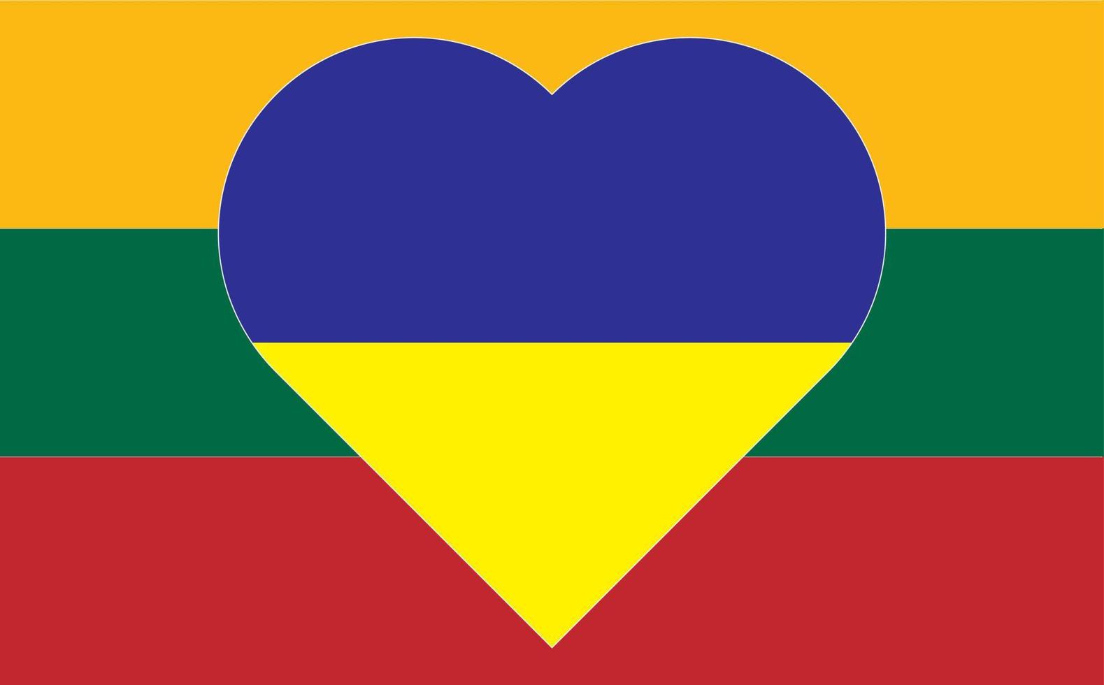 A heart painted in the colors of the flag of Ukraine on the flag of Lithuania. Vector illustration of a blue and yellow heart on the national symbol.