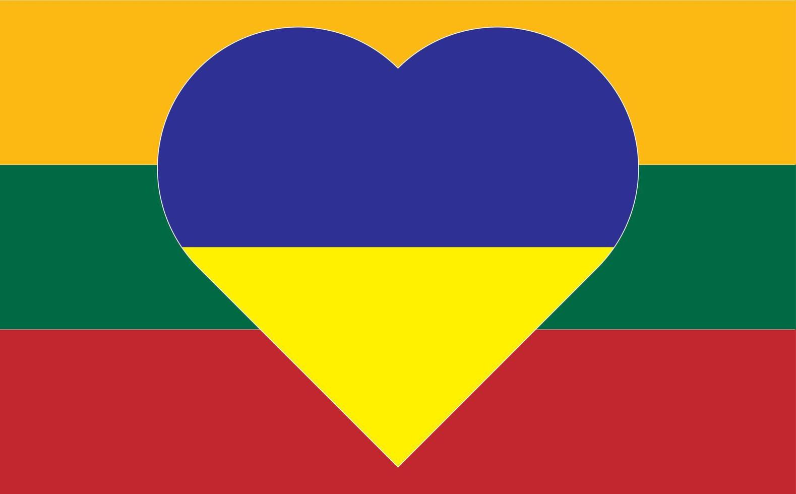 A heart painted in the colors of the flag of Ukraine on the flag of Lithuania. Vector illustration of a blue and yellow heart on the national symbol.