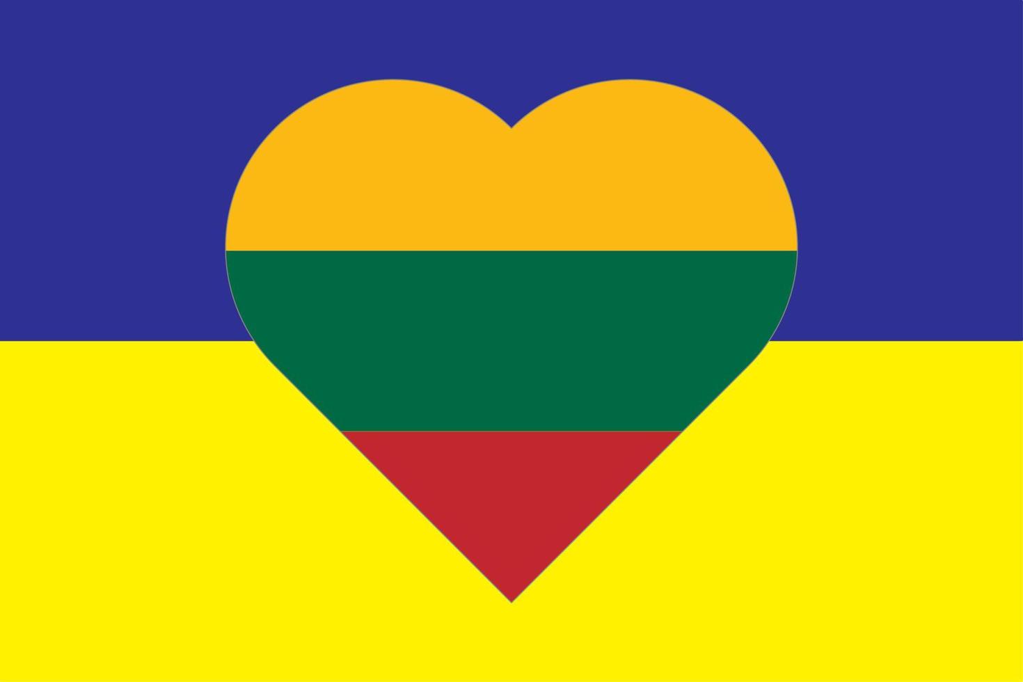 Heart painted in the colors of the flag of Lithuania on the flag of Ukraine. Vector illustration of a heart with the national symbol of Lithuania on a blue-yellow background.