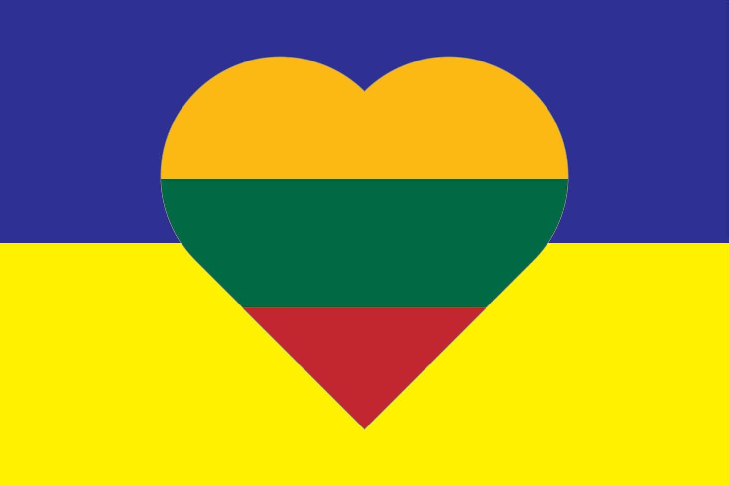 Heart painted in the colors of the flag of Lithuania on the flag of Ukraine. Vector illustration of a heart with the national symbol of Lithuania on a blue-yellow background.