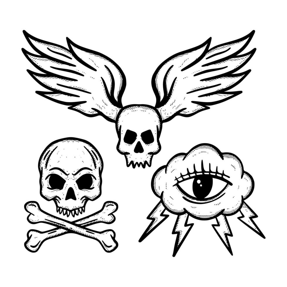 Collection set skull Illustration hand drawn sketch for tattoo, stickers, etc vector