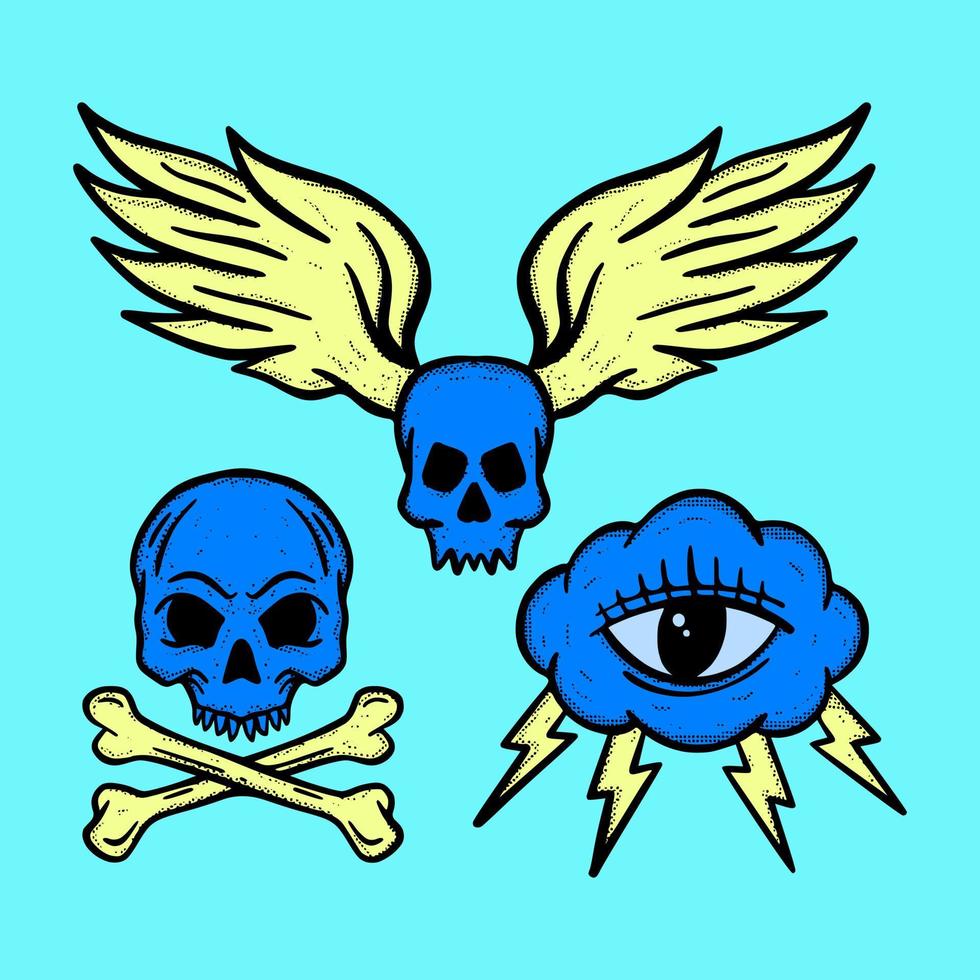 Collection set blue skull Illustration hand drawn sketch colorful for tattoo, stickers, etc vector