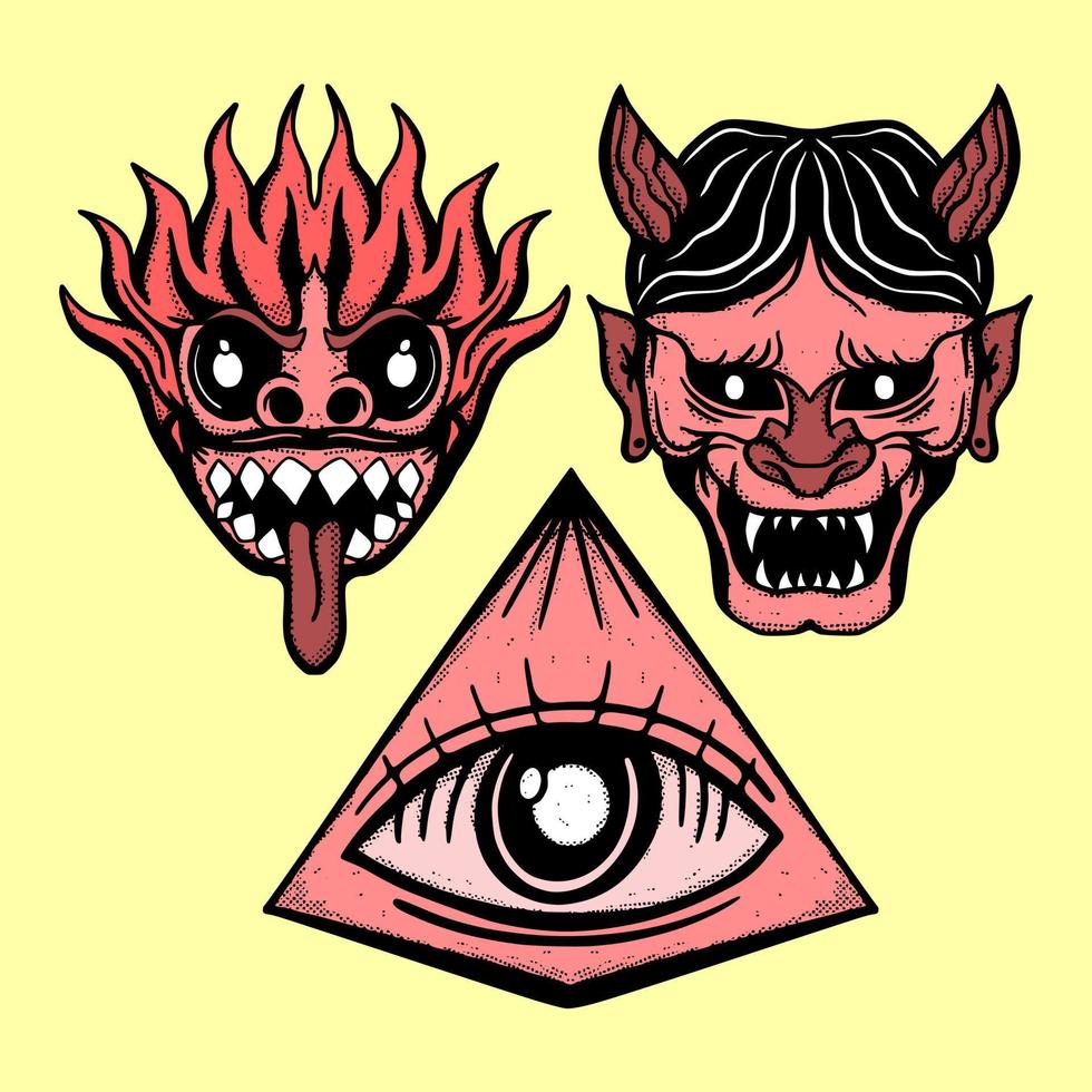 Collection set red devil art Illustration hand drawn sketch colorful for tattoo, stickers, etc vector