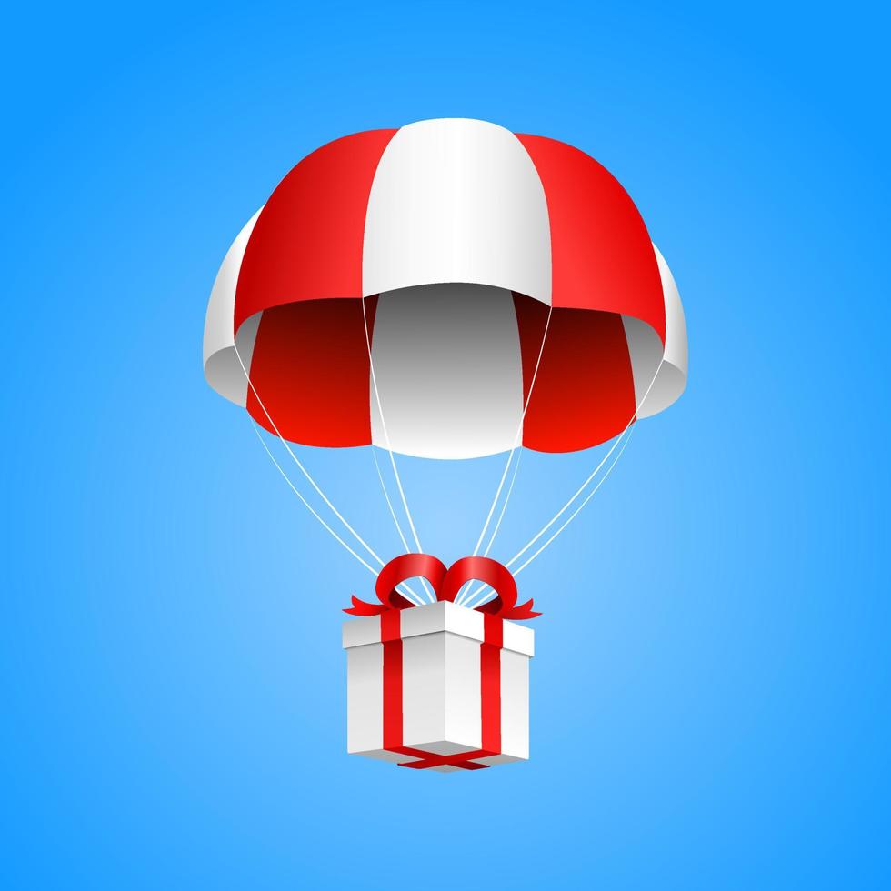 Gift box airdrop. Gift box floating in the sky with a parachute. White gift box. Vector illustration.