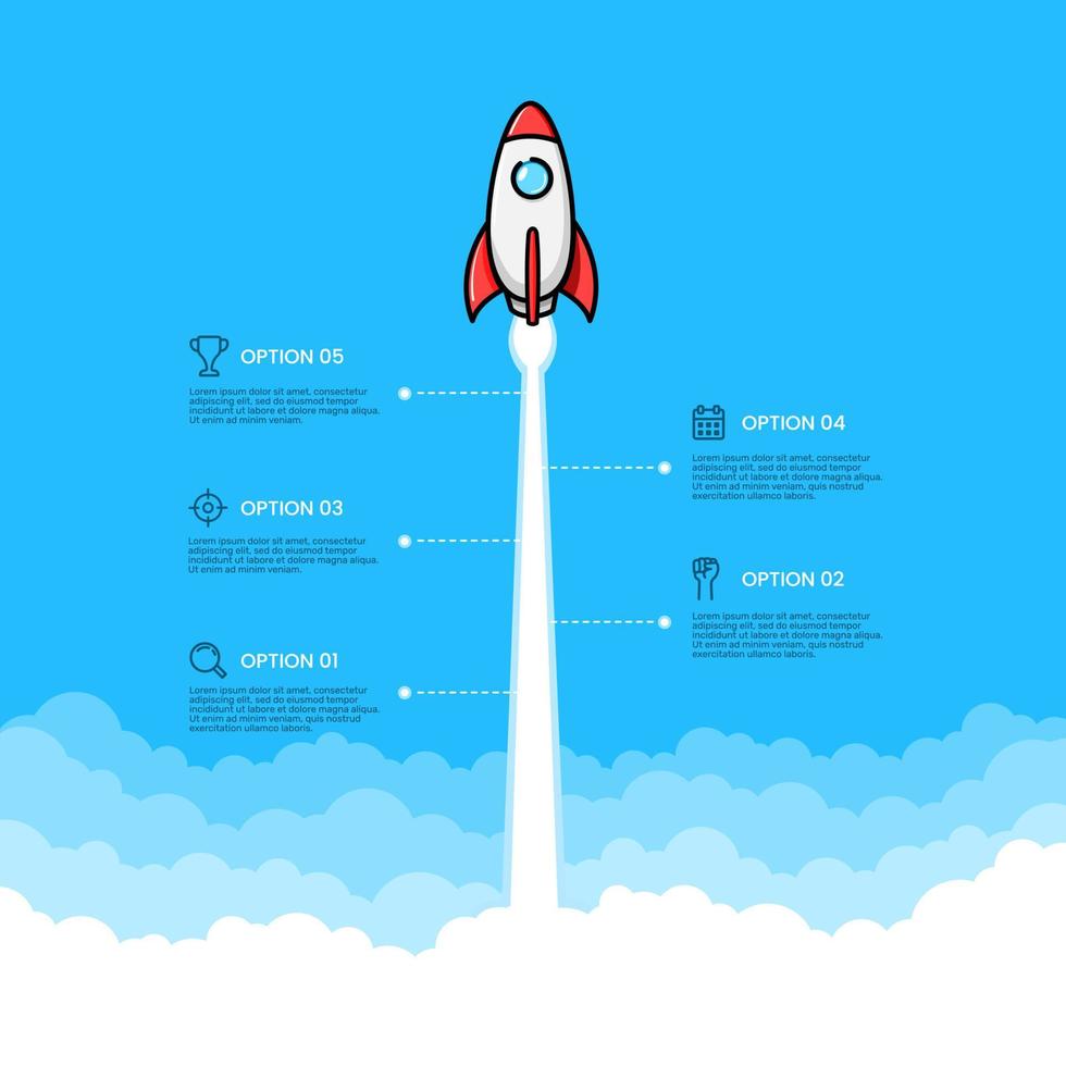 Startup rocket soars above the clouds. Business grows five steps. vector illustration