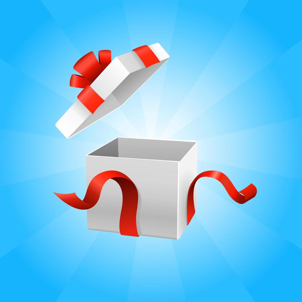 Open white gift box surprise presents on a bright blue background. Vector illustration.