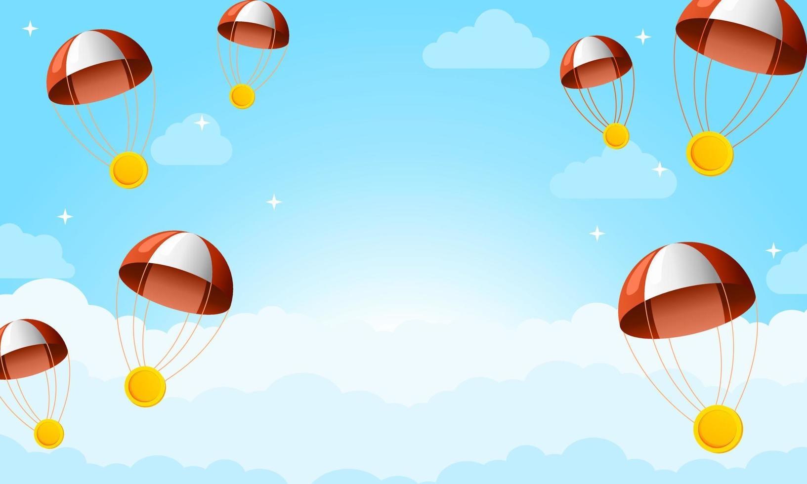 Airdrop cryptocurrency or NFT banner. Airdrop new token event coins with the parachute in the sky. Vector illustration