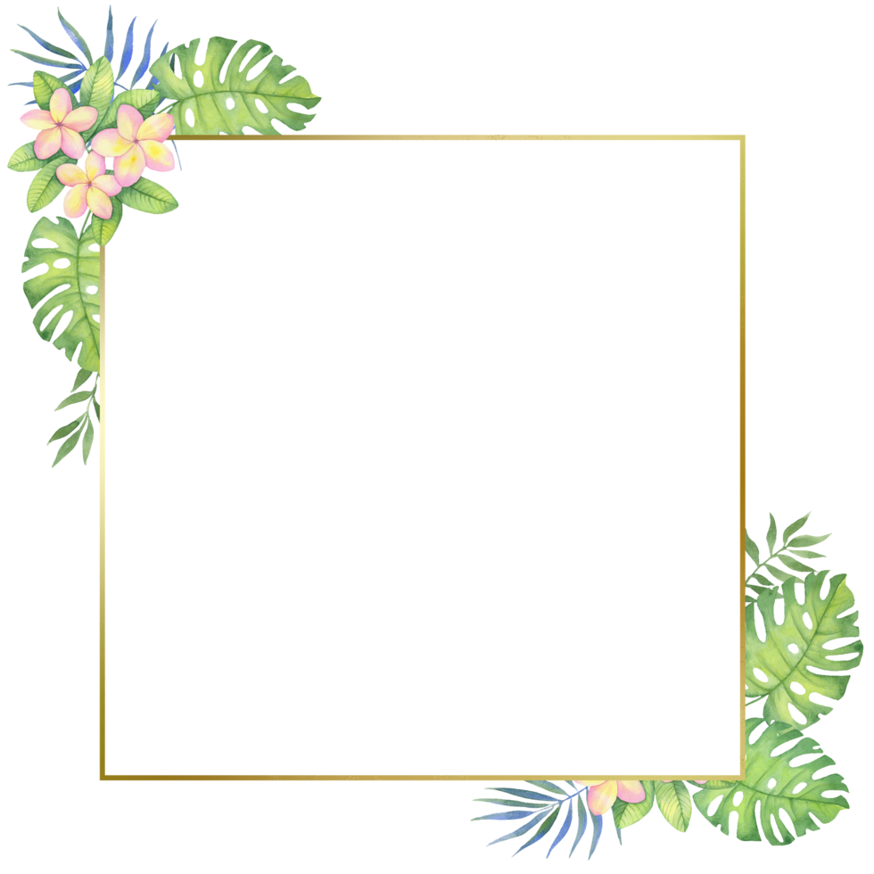 Golden frame with tropical flowers and leaves. Watercolor illustration for invitations, holiday cards png