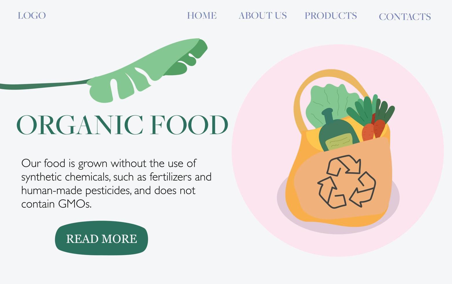 Organic food shop landing page template. Ecology - Eco package -Modern flat vector concept illustration of a paper bag with organic food