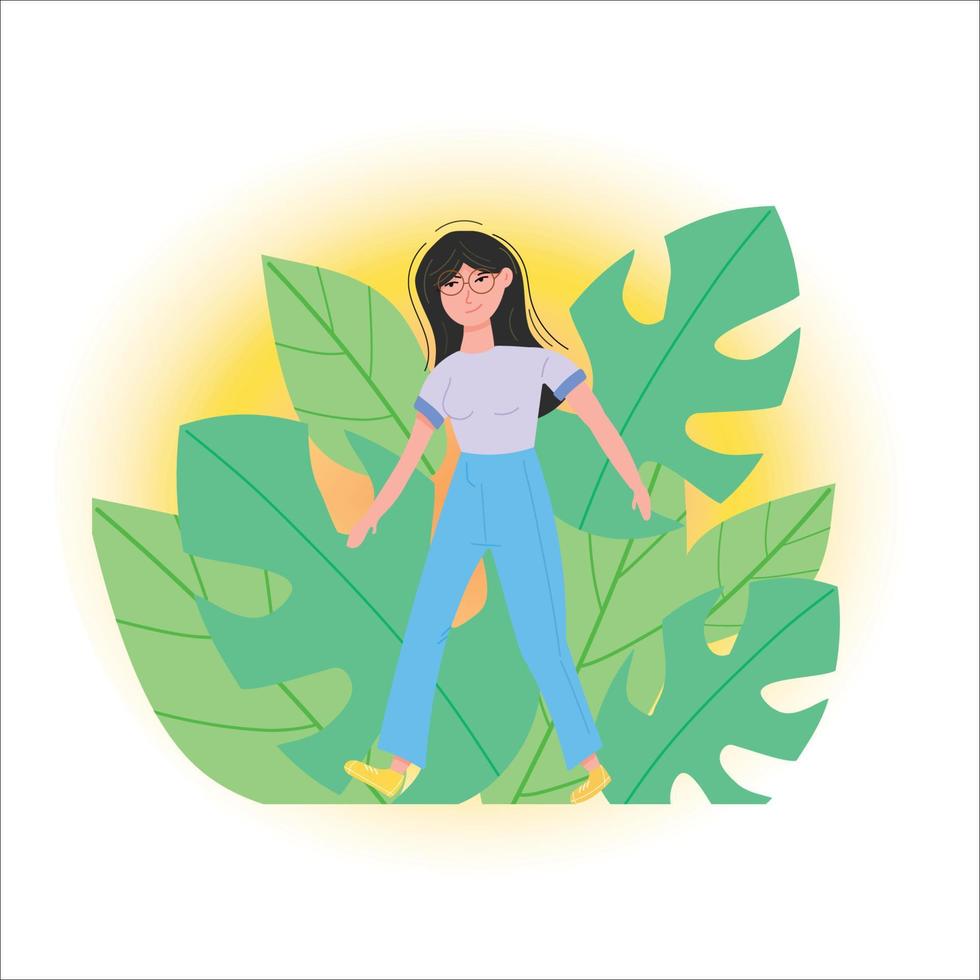 Flat girl illustration on tropical plants background with sunset vector