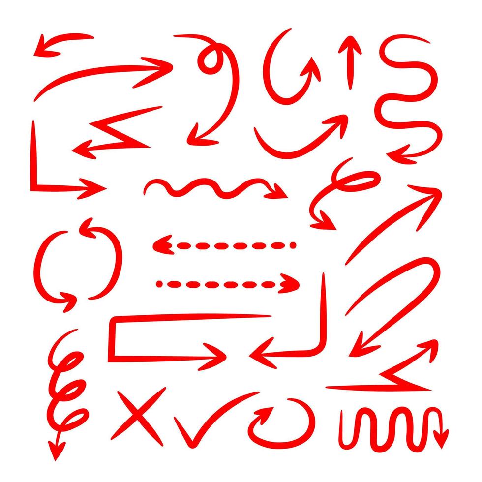 set of red irregular hand drawn arrows illustration vector
