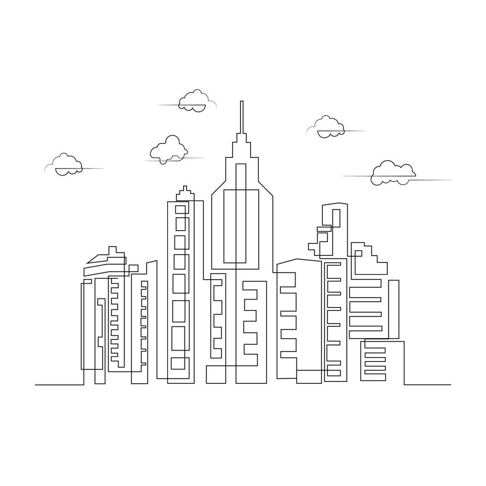 City buildings skyline with clouds minimalist one line drawing vector