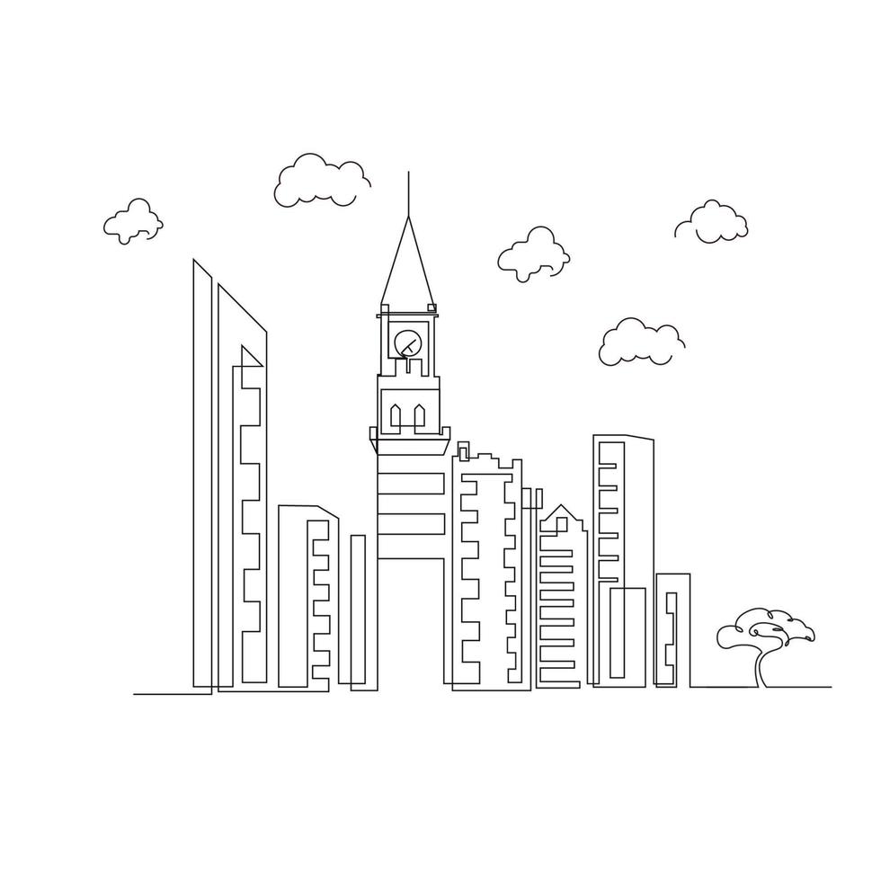 City buildings skyline with clouds one line art New York Manhattan continues line art drawing vector