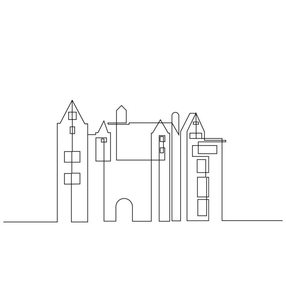 ciudad y pueblo edificio horizonte elegante dibujo de una línea vector